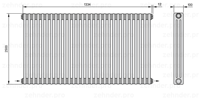 Схема (чертеж) Радиатор Zehnder Charleston 3250/29 №2670 Белый глянцевый RAL 9016